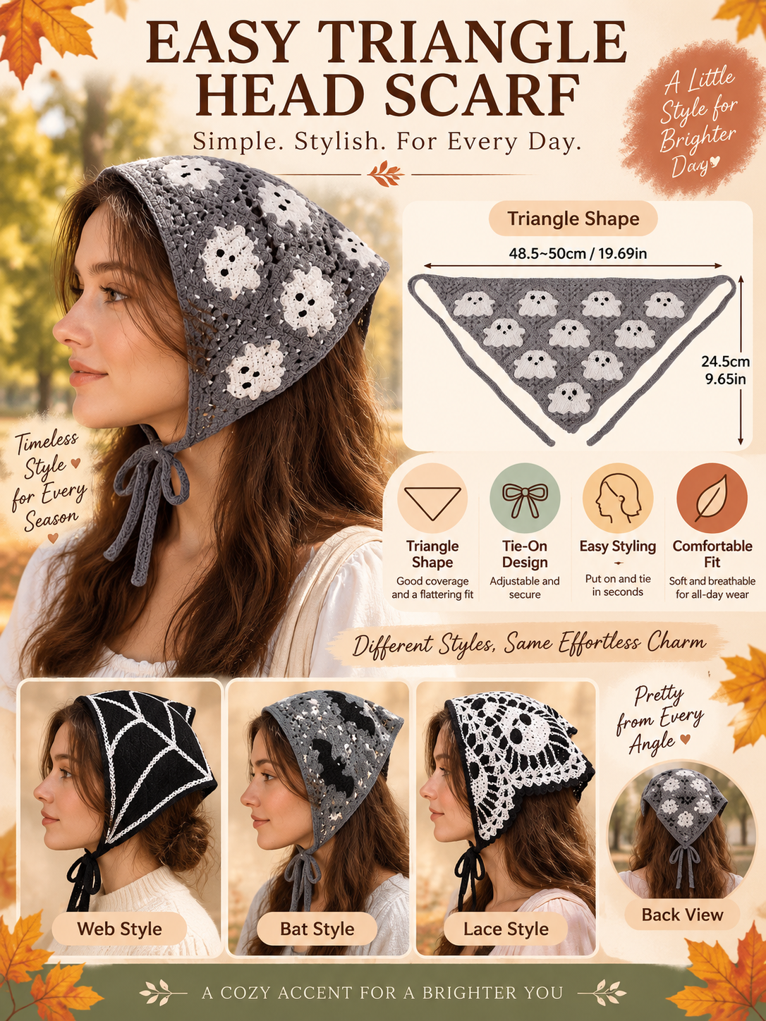🎃 Halloween Style Deal – Boho Ghost Print Head Scarf 👻 Cute Seasonal Hair Accessory for Festive Looks 🦇