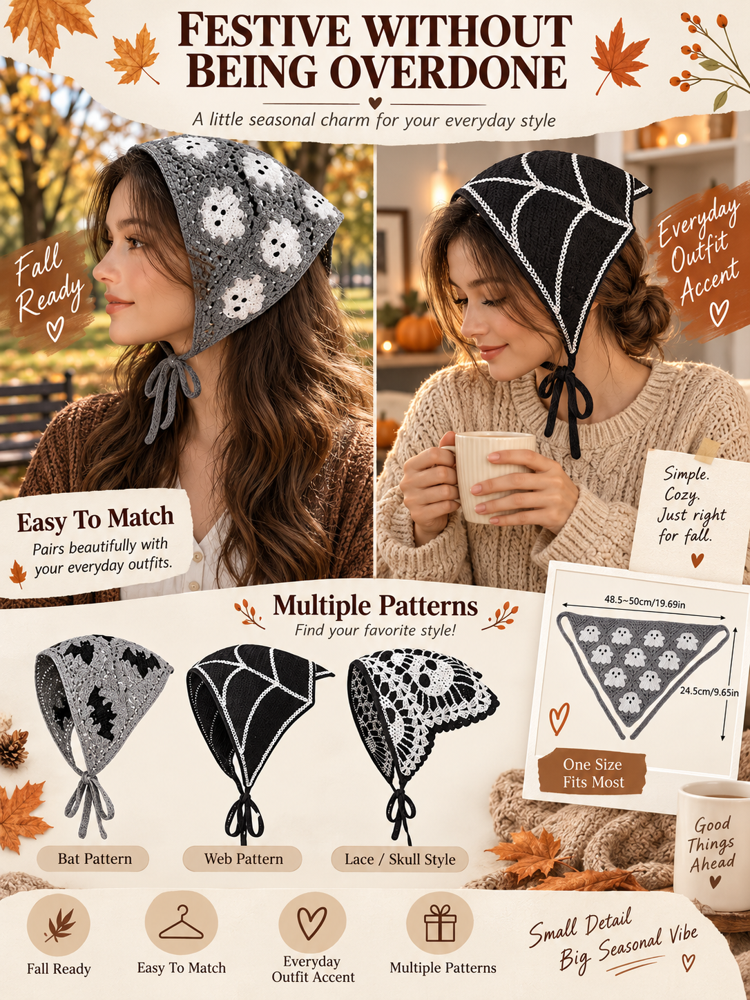 🎃 Halloween Style Deal – Boho Ghost Print Head Scarf 👻 Cute Seasonal Hair Accessory for Festive Looks 🦇