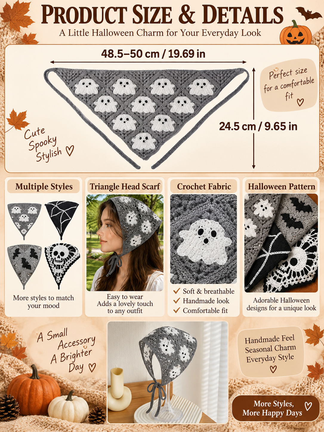 🎃 Halloween Style Deal – Boho Ghost Print Head Scarf 👻 Cute Seasonal Hair Accessory for Festive Looks 🦇