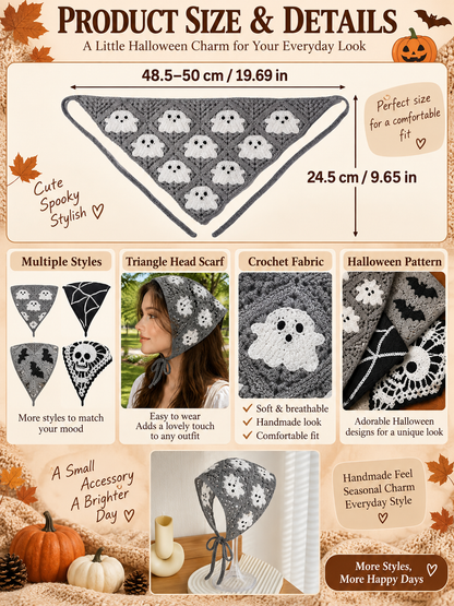 🎃 Halloween Style Deal – Boho Ghost Print Head Scarf 👻 Cute Seasonal Hair Accessory for Festive Looks 🦇