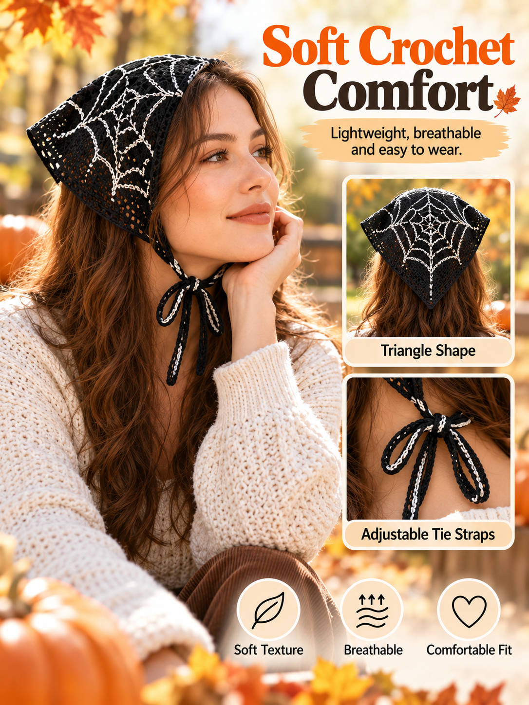 🎃 Halloween Style Deal – Boho Ghost Print Head Scarf 👻 Cute Seasonal Hair Accessory for Festive Looks 🦇