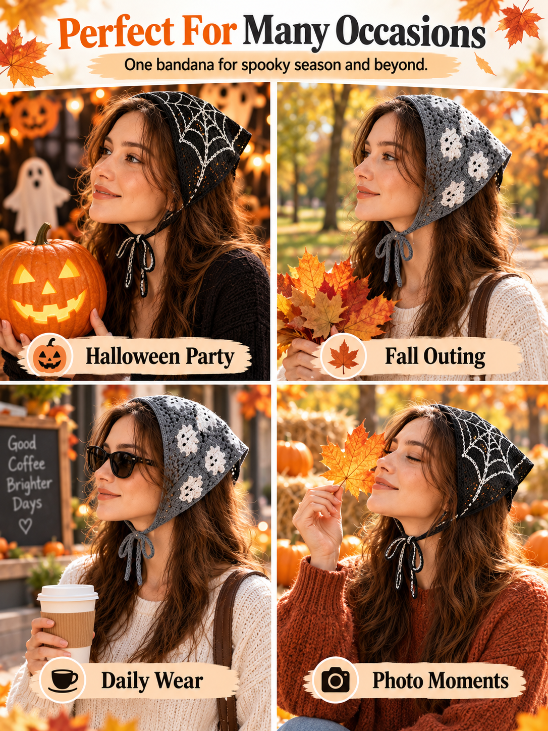 🎃 Halloween Style Deal – Boho Ghost Print Head Scarf 👻 Cute Seasonal Hair Accessory for Festive Looks 🦇