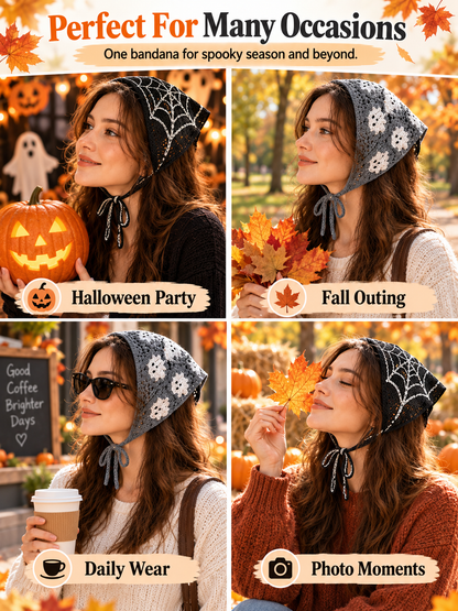 🎃 Halloween Style Deal – Boho Ghost Print Head Scarf 👻 Cute Seasonal Hair Accessory for Festive Looks 🦇