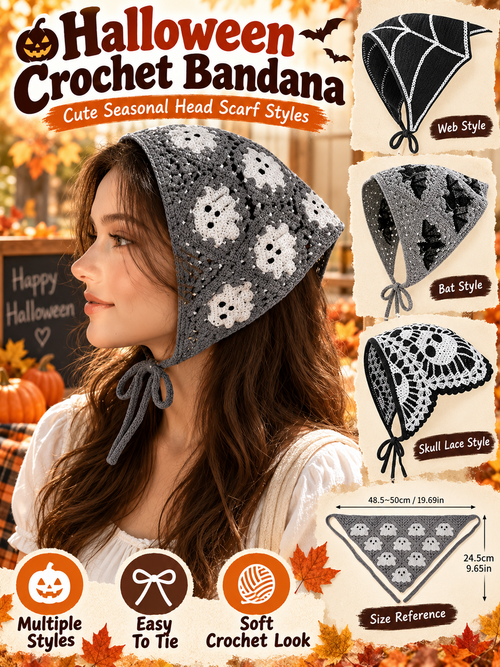 🎃 Halloween Style Deal – Boho Ghost Print Head Scarf 👻 Cute Seasonal Hair Accessory for Festive Looks 🦇