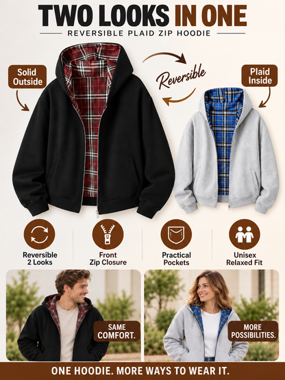 🔥 Streetwear Deal – Unisex Reversible Hoodie 🧥 Versatile Plaid Two-Piece Outfit with Relaxed Pants 👖