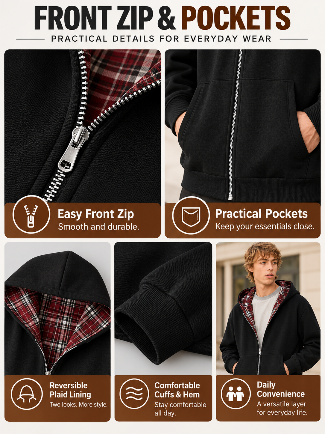 🔥 Streetwear Deal – Unisex Reversible Hoodie 🧥 Versatile Plaid Two-Piece Outfit with Relaxed Pants 👖