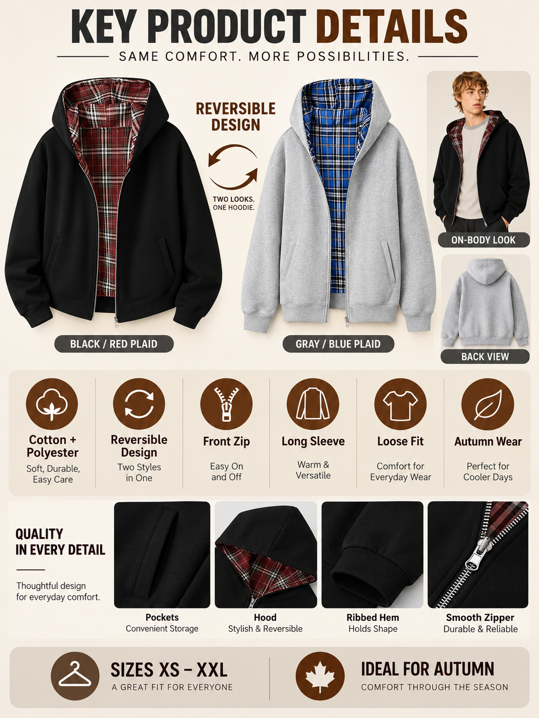 🔥 Streetwear Deal – Unisex Reversible Hoodie 🧥 Versatile Plaid Two-Piece Outfit with Relaxed Pants 👖