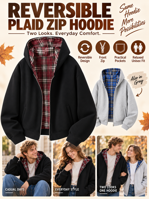 🔥 Streetwear Deal – Unisex Reversible Hoodie 🧥 Versatile Plaid Two-Piece Outfit with Relaxed Pants 👖
