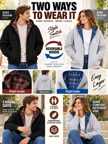 🔥 Streetwear Deal – Unisex Reversible Hoodie 🧥 Versatile Plaid Two-Piece Outfit with Relaxed Pants 👖