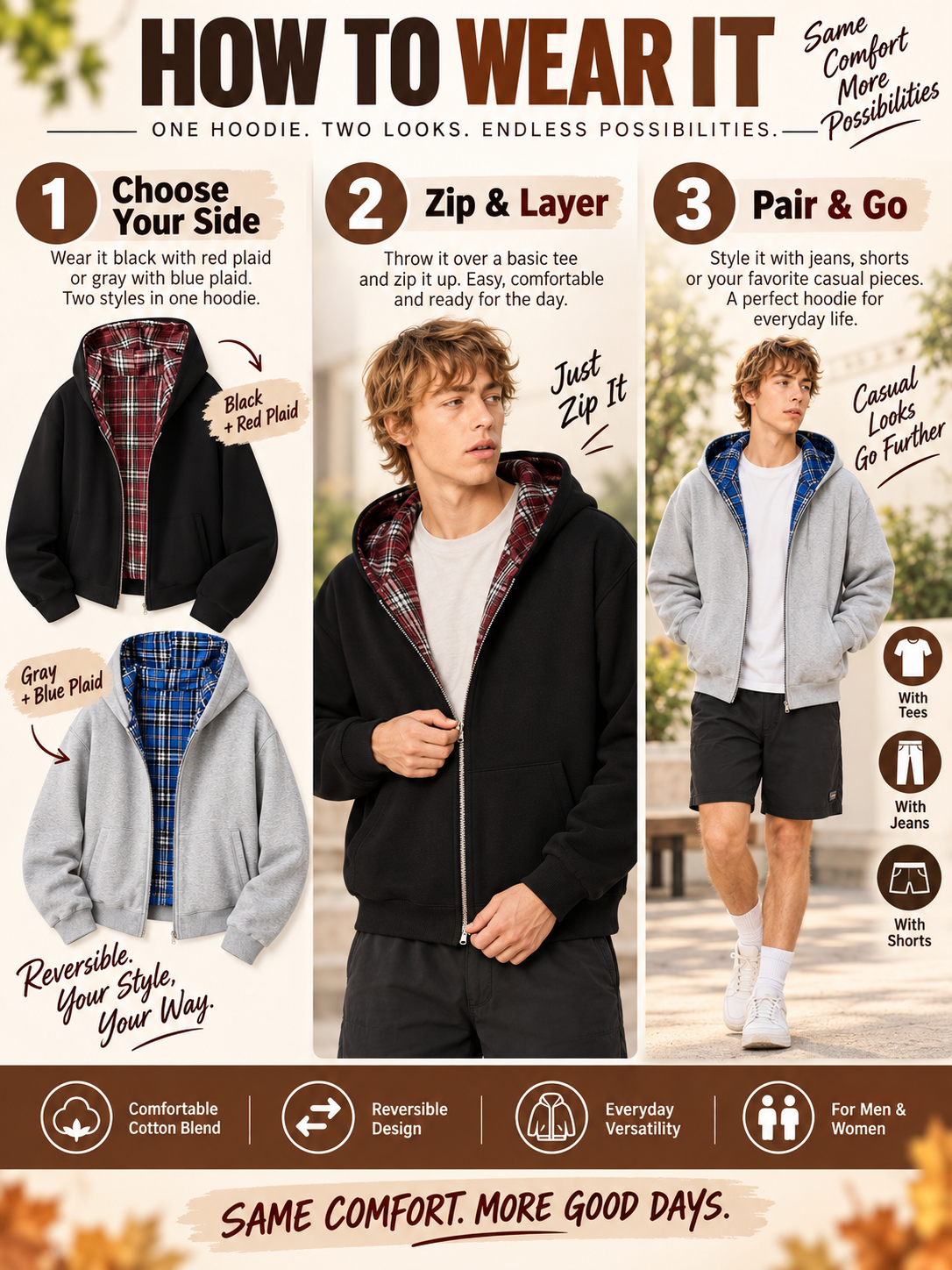🔥 Streetwear Deal – Unisex Reversible Hoodie 🧥 Versatile Plaid Two-Piece Outfit with Relaxed Pants 👖