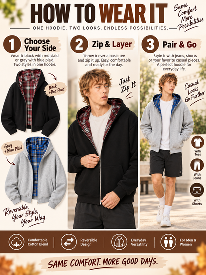 🔥 Streetwear Deal – Unisex Reversible Hoodie 🧥 Versatile Plaid Two-Piece Outfit with Relaxed Pants 👖
