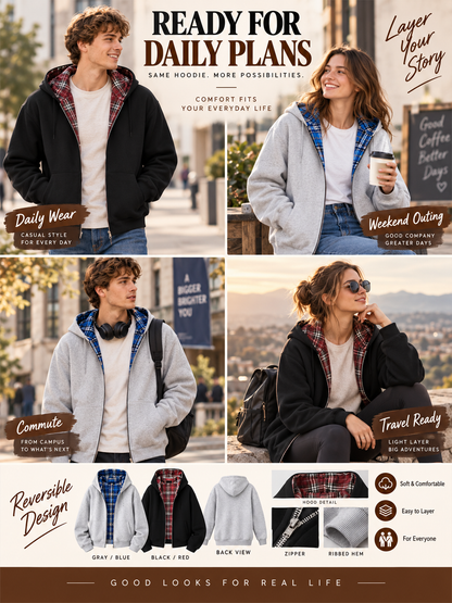 🔥 Streetwear Deal – Unisex Reversible Hoodie 🧥 Versatile Plaid Two-Piece Outfit with Relaxed Pants 👖