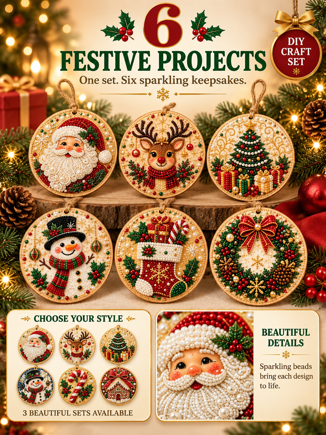 🎄 6-Piece DIY Diamond Painting Wooden Christmas Ornament Kit – Handmade Holiday Tree Decorations