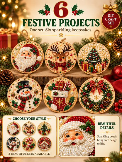 🎄 6-Piece DIY Diamond Painting Wooden Christmas Ornament Kit – Handmade Holiday Tree Decorations