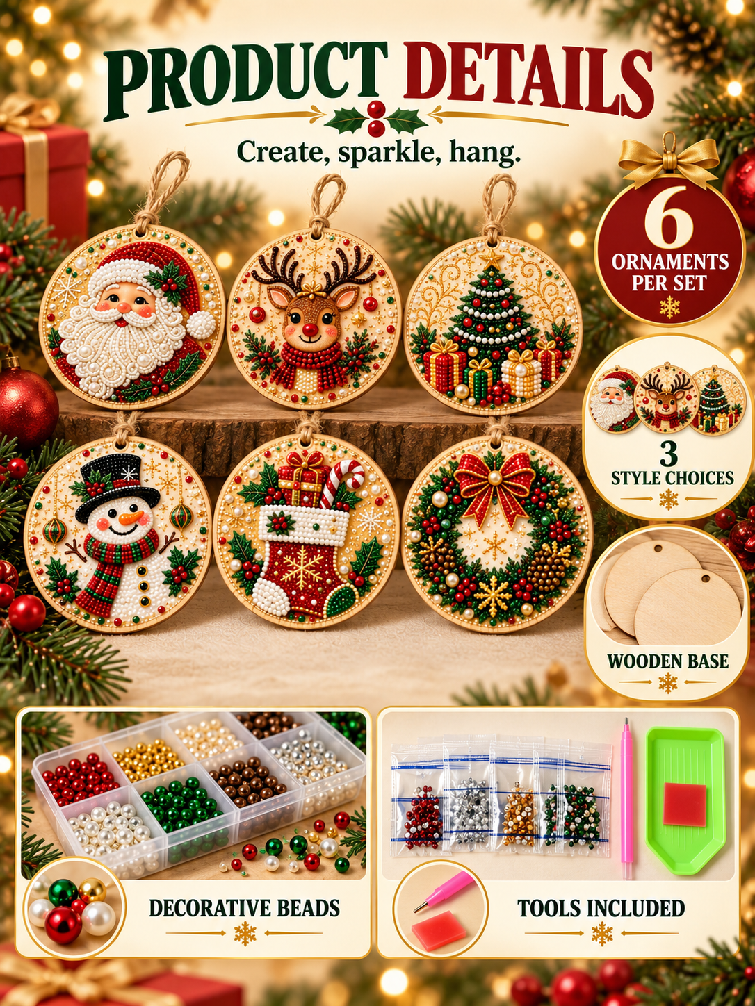 🎄 6-Piece DIY Diamond Painting Wooden Christmas Ornament Kit – Handmade Holiday Tree Decorations