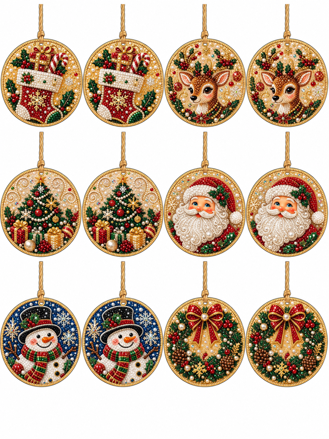 🎄 6-Piece DIY Diamond Painting Wooden Christmas Ornament Kit – Handmade Holiday Tree Decorations