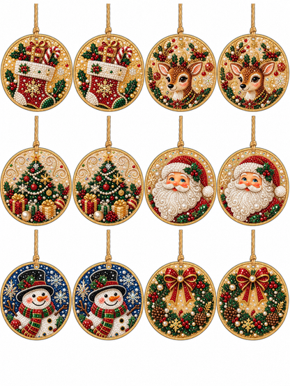 🎄 6-Piece DIY Diamond Painting Wooden Christmas Ornament Kit – Handmade Holiday Tree Decorations