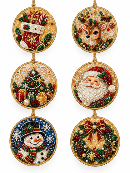 🎄 6-Piece DIY Diamond Painting Wooden Christmas Ornament Kit – Handmade Holiday Tree Decorations