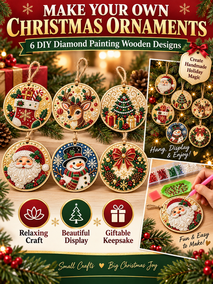 🎄 6-Piece DIY Diamond Painting Wooden Christmas Ornament Kit – Handmade Holiday Tree Decorations