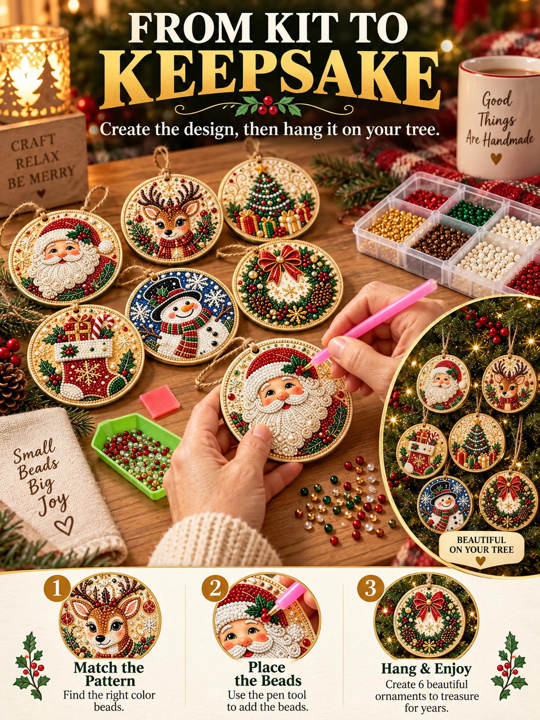 🎄 6-Piece DIY Diamond Painting Wooden Christmas Ornament Kit – Handmade Holiday Tree Decorations