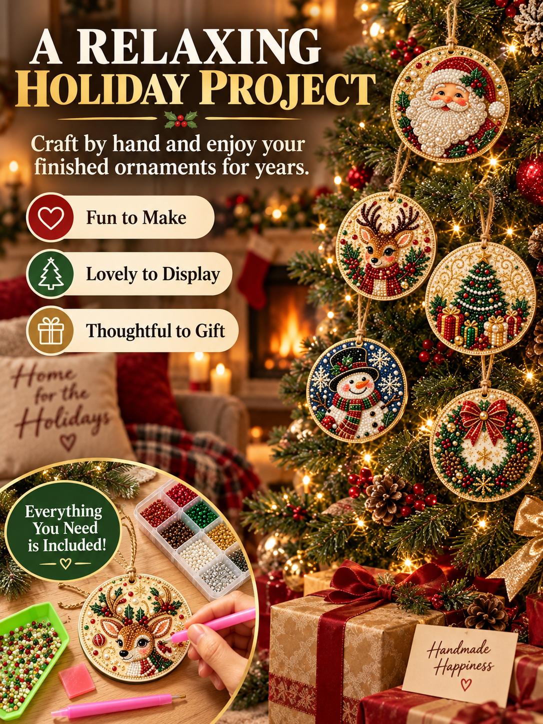 🎄 6-Piece DIY Diamond Painting Wooden Christmas Ornament Kit – Handmade Holiday Tree Decorations