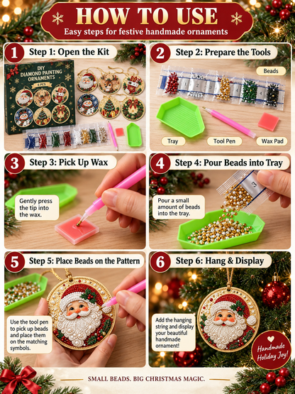 🎄 6-Piece DIY Diamond Painting Wooden Christmas Ornament Kit – Handmade Holiday Tree Decorations