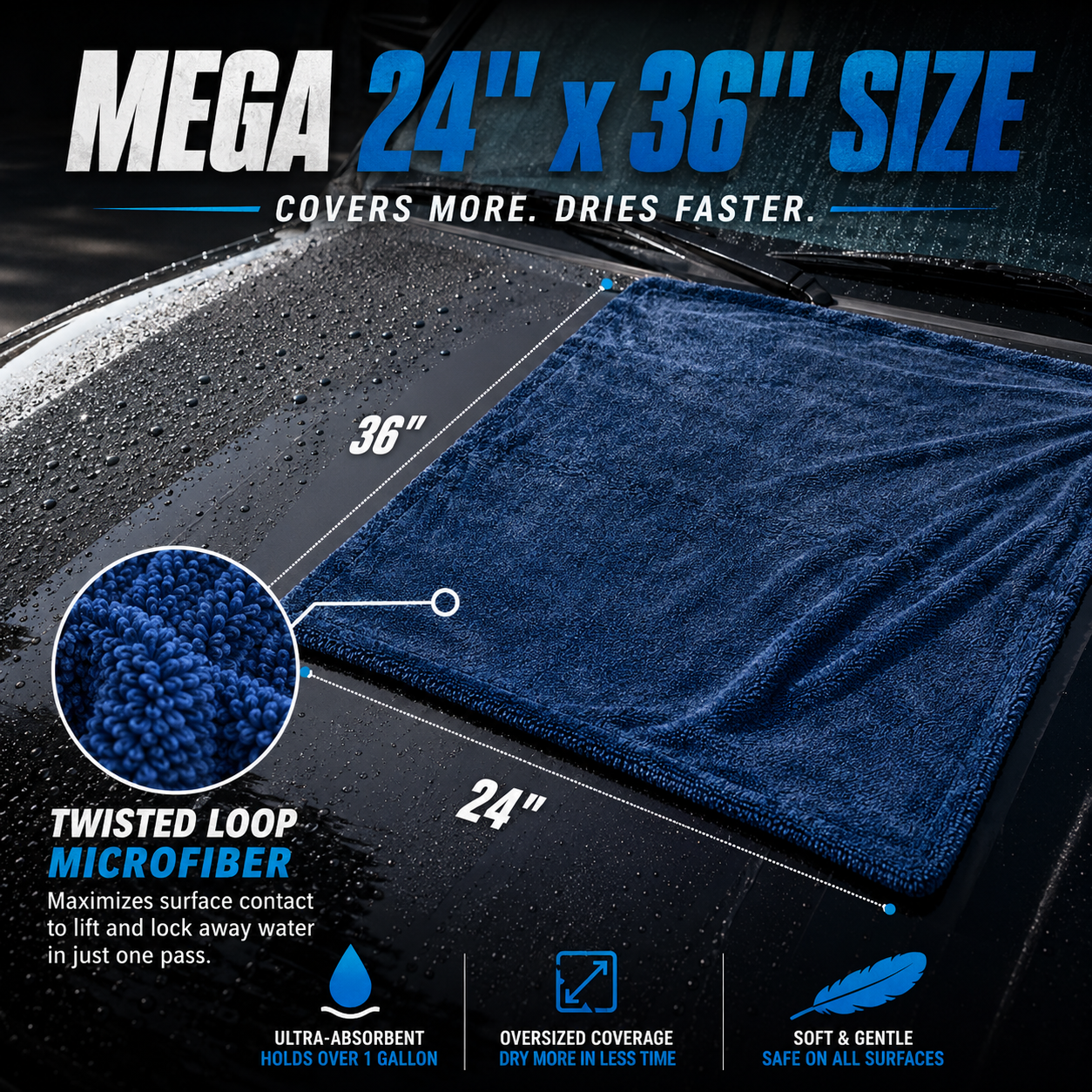 Lint-free, highly absorbent, thickened car wash towel