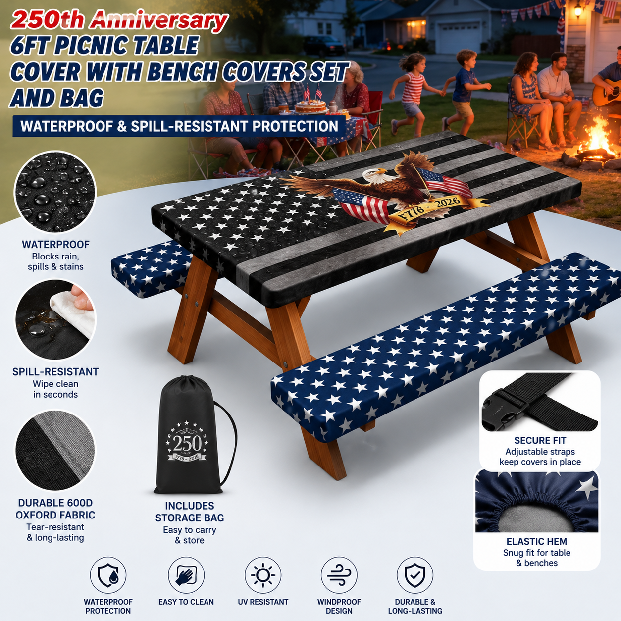 🎆250th Anniversary 6FT Picnic Table Cover with Bench Covers Set and Bag