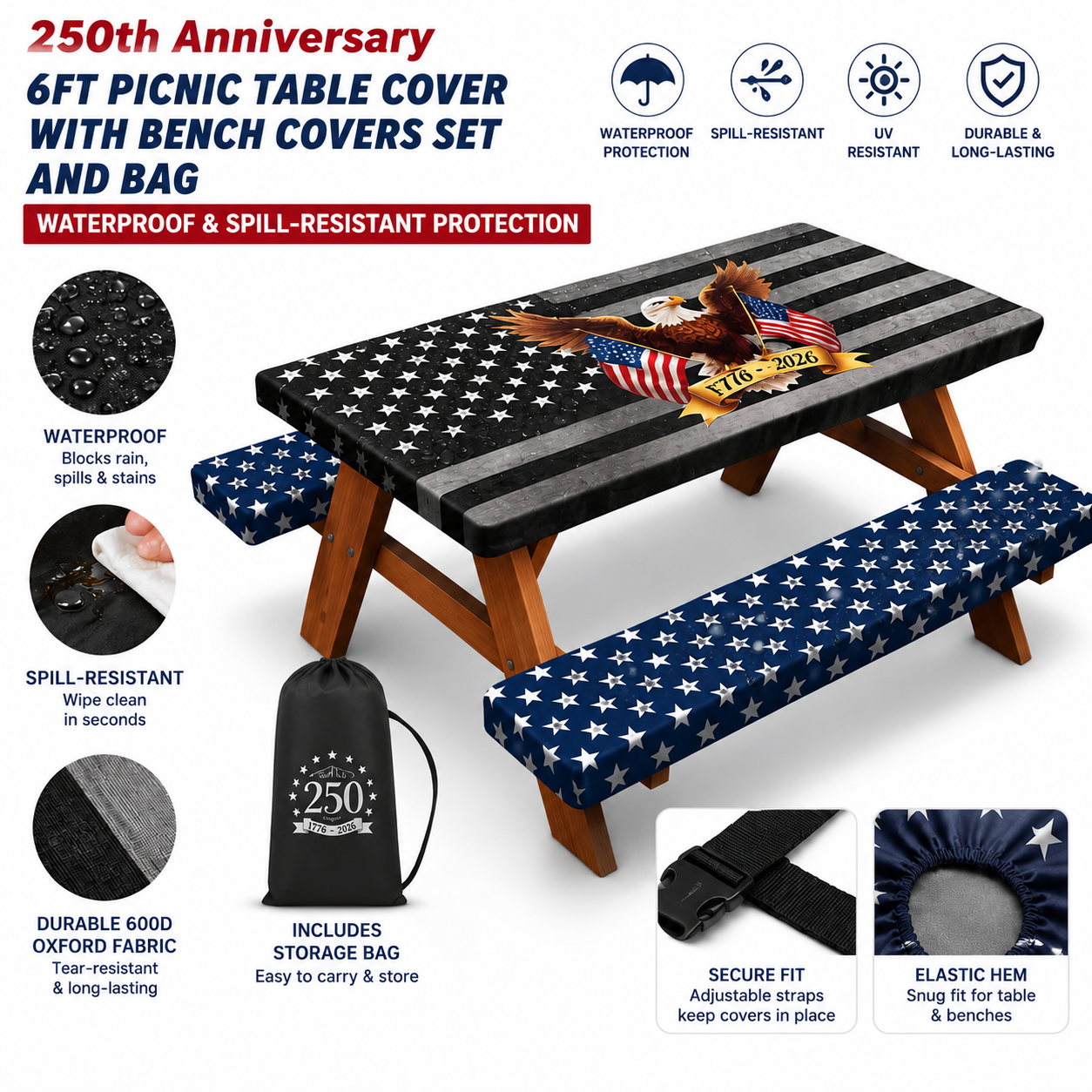 🎆250th Anniversary 6FT Picnic Table Cover with Bench Covers Set and Bag