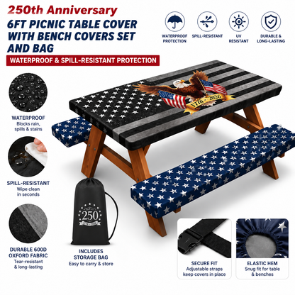 🎆250th Anniversary 6FT Picnic Table Cover with Bench Covers Set and Bag