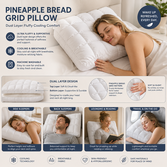 Pineapple Bread Grid Pillow | Dual Layer Fluffy Cooling Bed Pillow, Machine Washable Support Pillow for Side & Back Sleepers