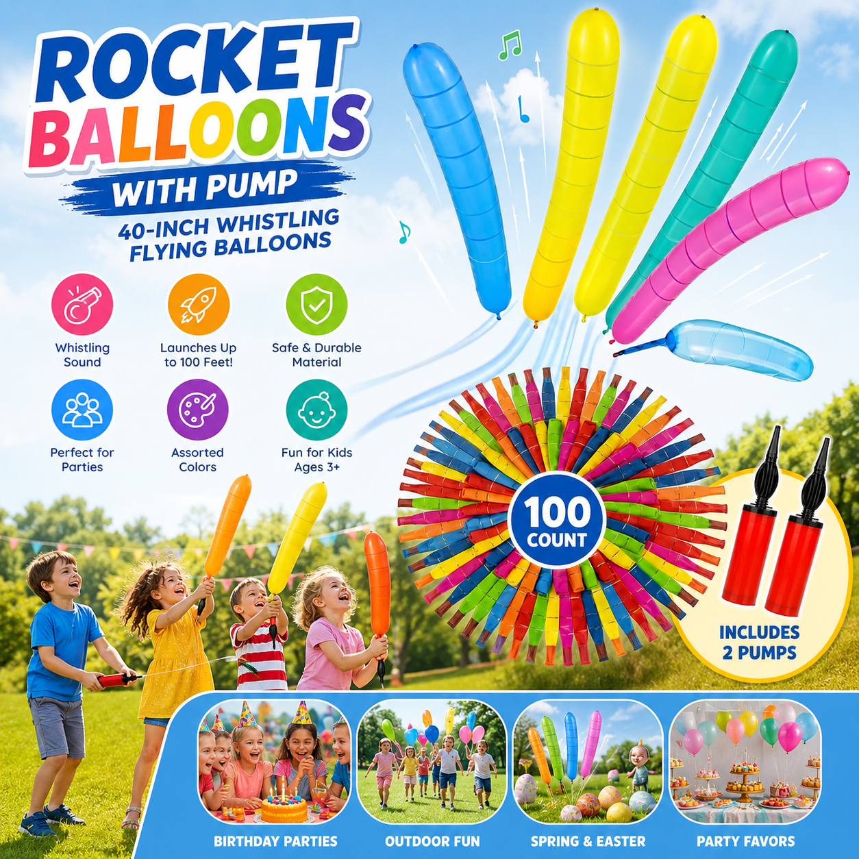 🎉100pcs Whistling Flying Rockets with Pump |Outdoor Party Games and Birthday Gifts