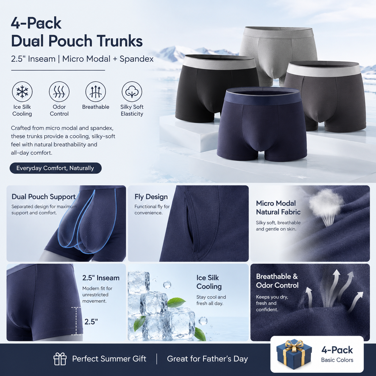 🔥[Father's Day Gift] ❄️SUMMER ESSENTIAL🔥 Men's Dual-Pouch Ice Silk Trunks(4PCS)