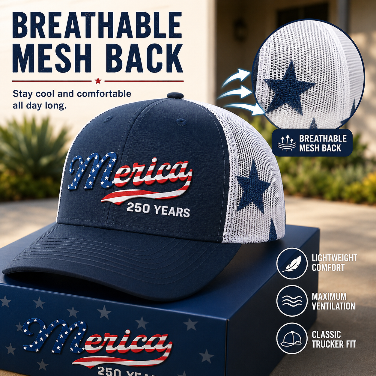 🇺🇸 ’Merica 250 Years Embroidered Mesh Back Trucker Hat