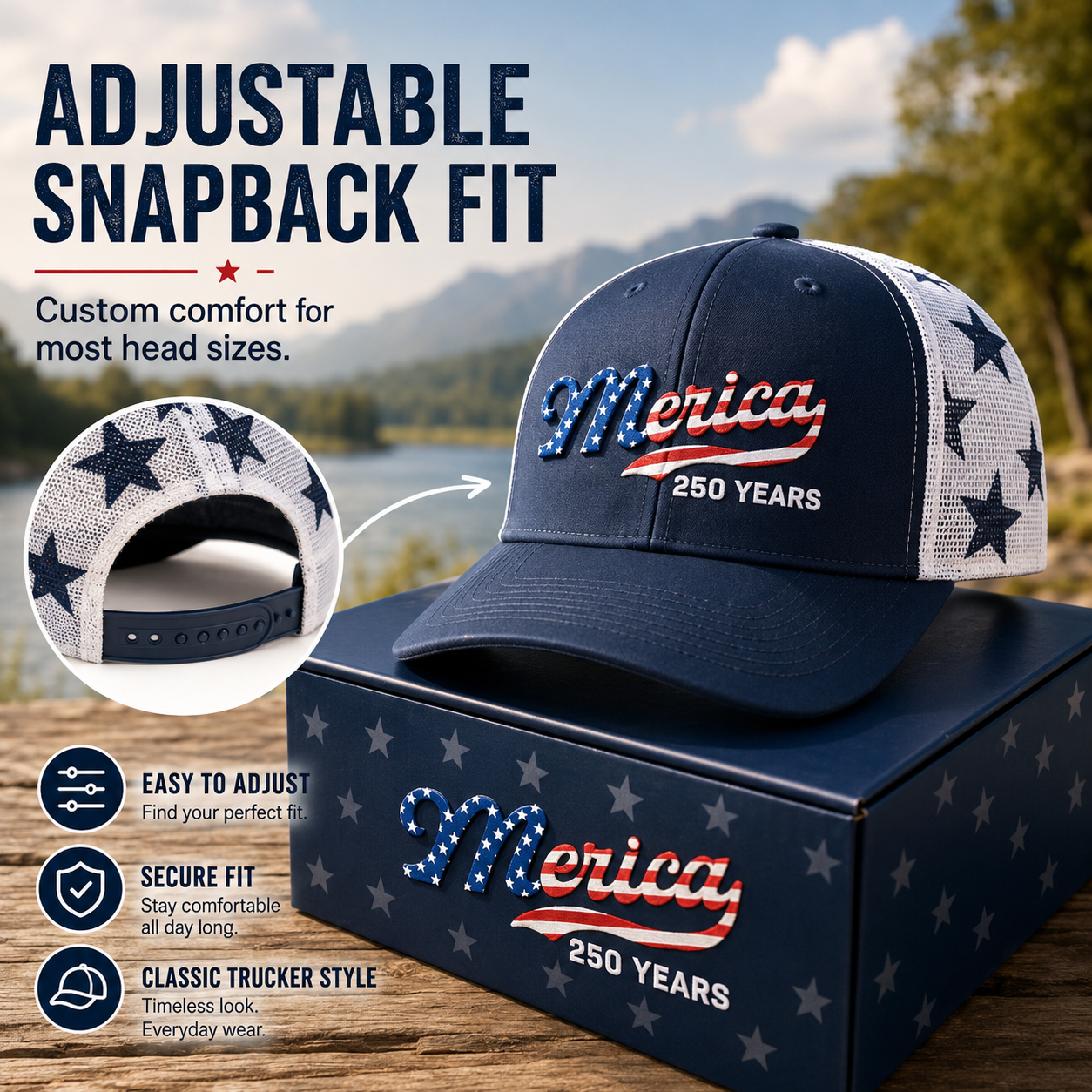 🇺🇸 ’Merica 250 Years Embroidered Mesh Back Trucker Hat