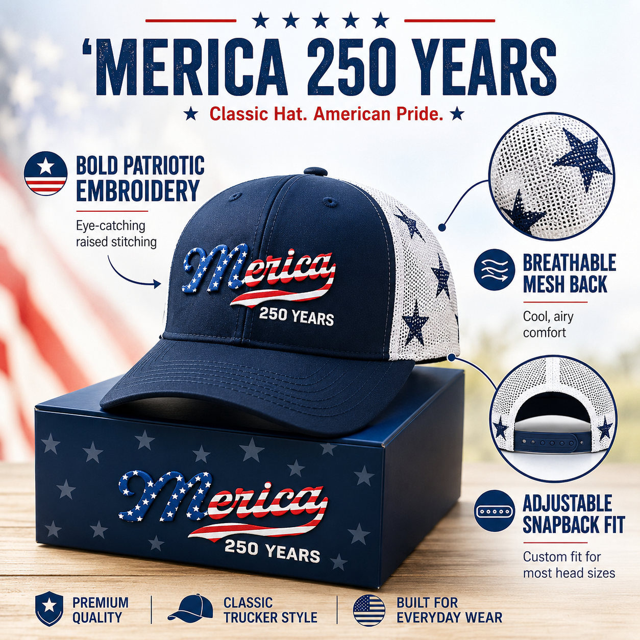 🇺🇸 ’Merica 250 Years Embroidered Mesh Back Trucker Hat
