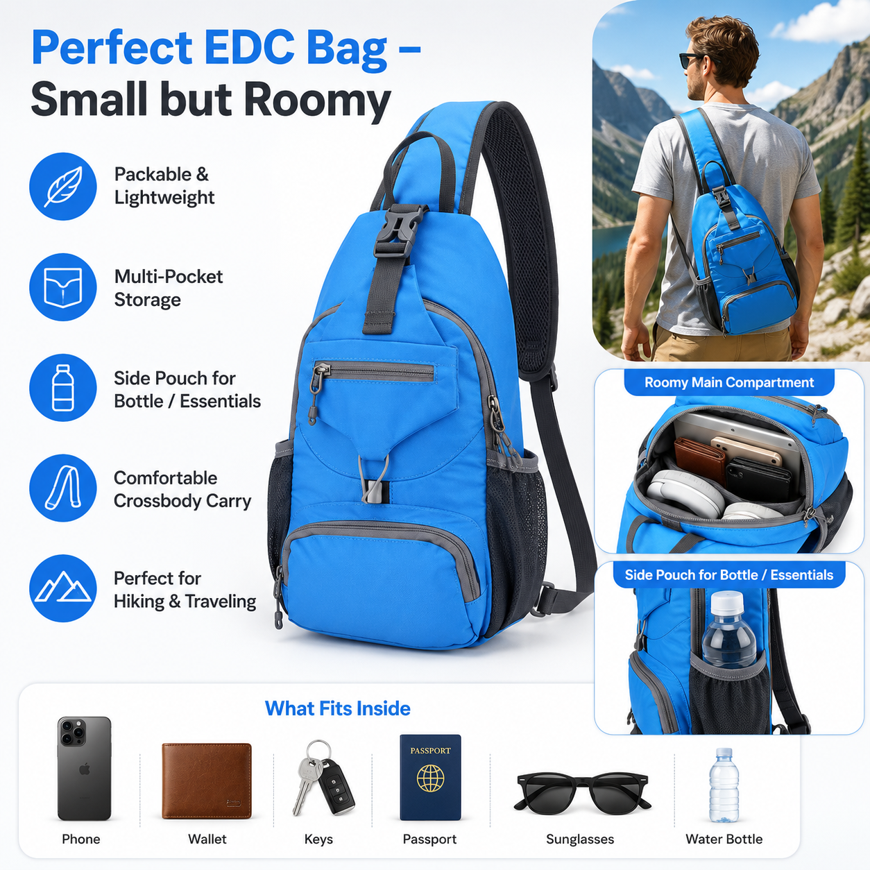 🌟 Packable Small Crossbody Sling Backpack with Side Pouch - ✨ Perfect for Hiking and Traveling