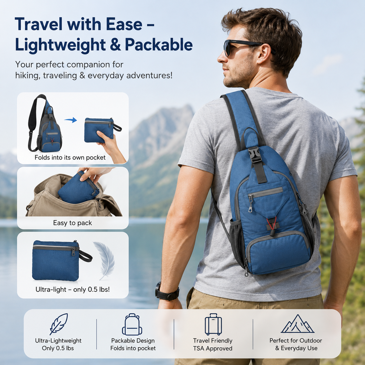 🌟 Packable Small Crossbody Sling Backpack with Side Pouch - ✨ Perfect for Hiking and Traveling