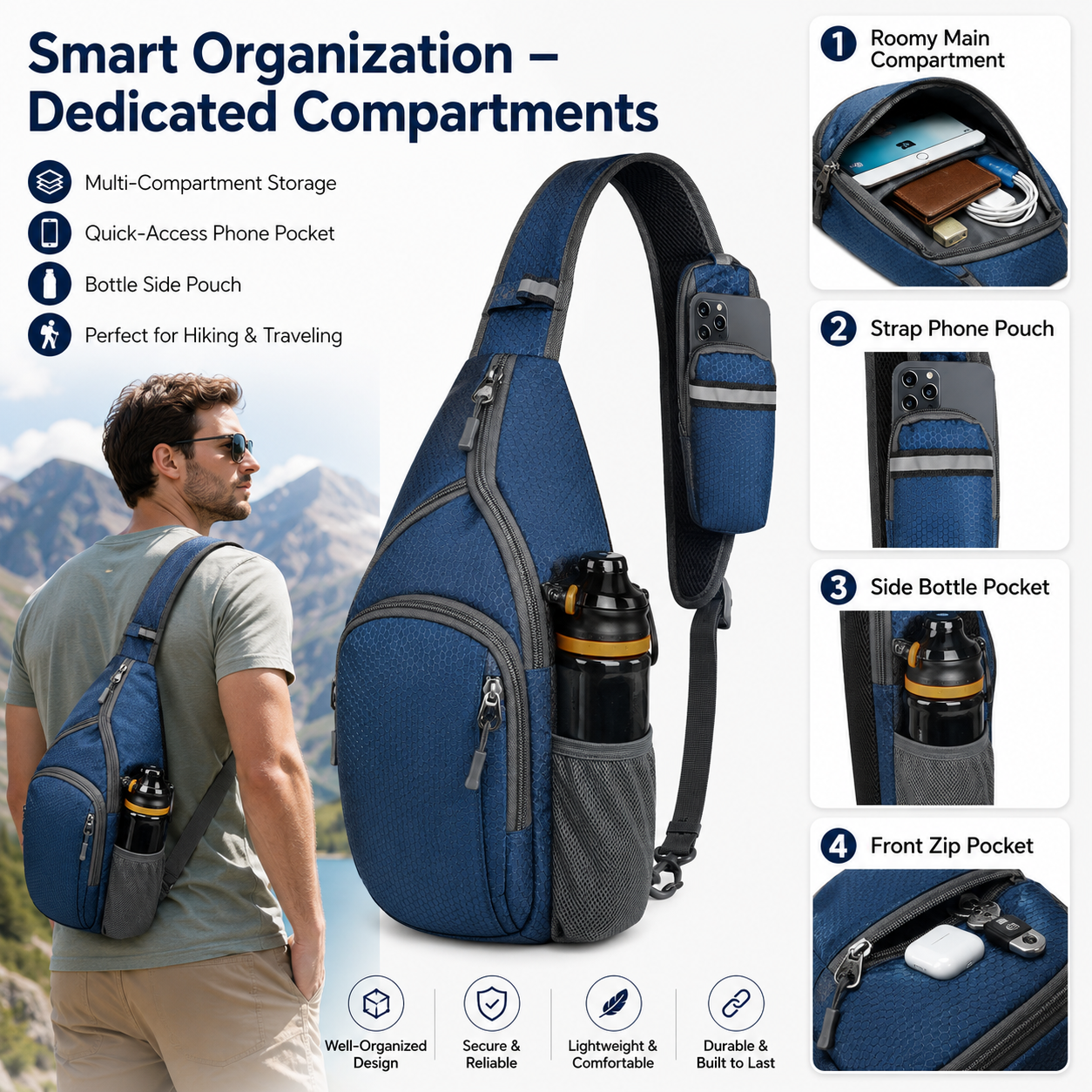 🌟 Packable Small Crossbody Sling Backpack with Side Pouch - ✨ Perfect for Hiking and Traveling