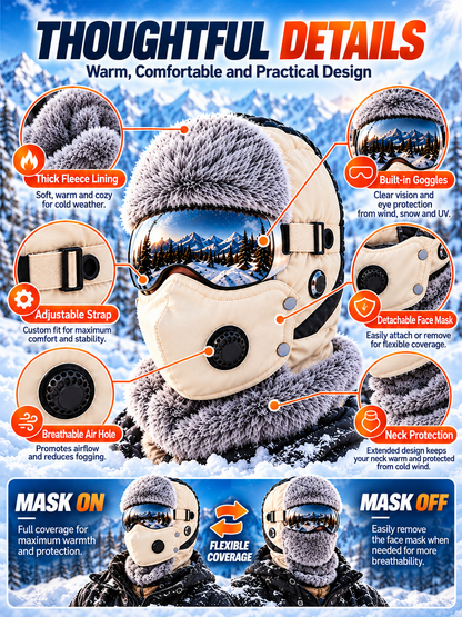 🔥🔥49% OFF❄️ Unisex Winter Cycling Hat with Goggles | Fleece-Lined Full Face Warmth & Wind Protection