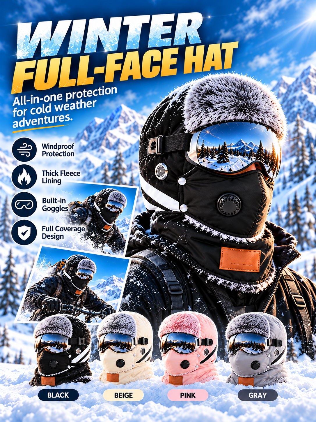 🔥🔥49% OFF❄️ Unisex Winter Cycling Hat with Goggles | Fleece-Lined Full Face Warmth & Wind Protection