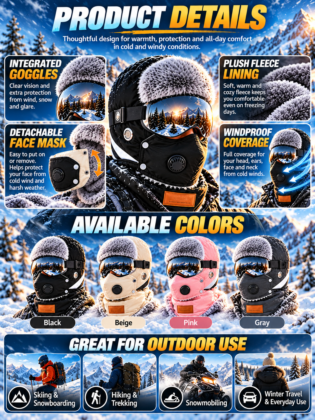 🔥🔥49% OFF❄️ Unisex Winter Cycling Hat with Goggles | Fleece-Lined Full Face Warmth & Wind Protection
