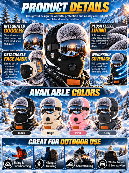🔥🔥49% OFF❄️ Unisex Winter Cycling Hat with Goggles | Fleece-Lined Full Face Warmth & Wind Protection