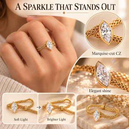 💍 Marquise CZ Chain Ring – 14K Gold-Plated Adjustable Evil Eye Ring, Dainty Stackable Jewelry for Women