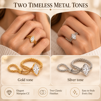 💍 Marquise CZ Chain Ring – 14K Gold-Plated Adjustable Evil Eye Ring, Dainty Stackable Jewelry for Women