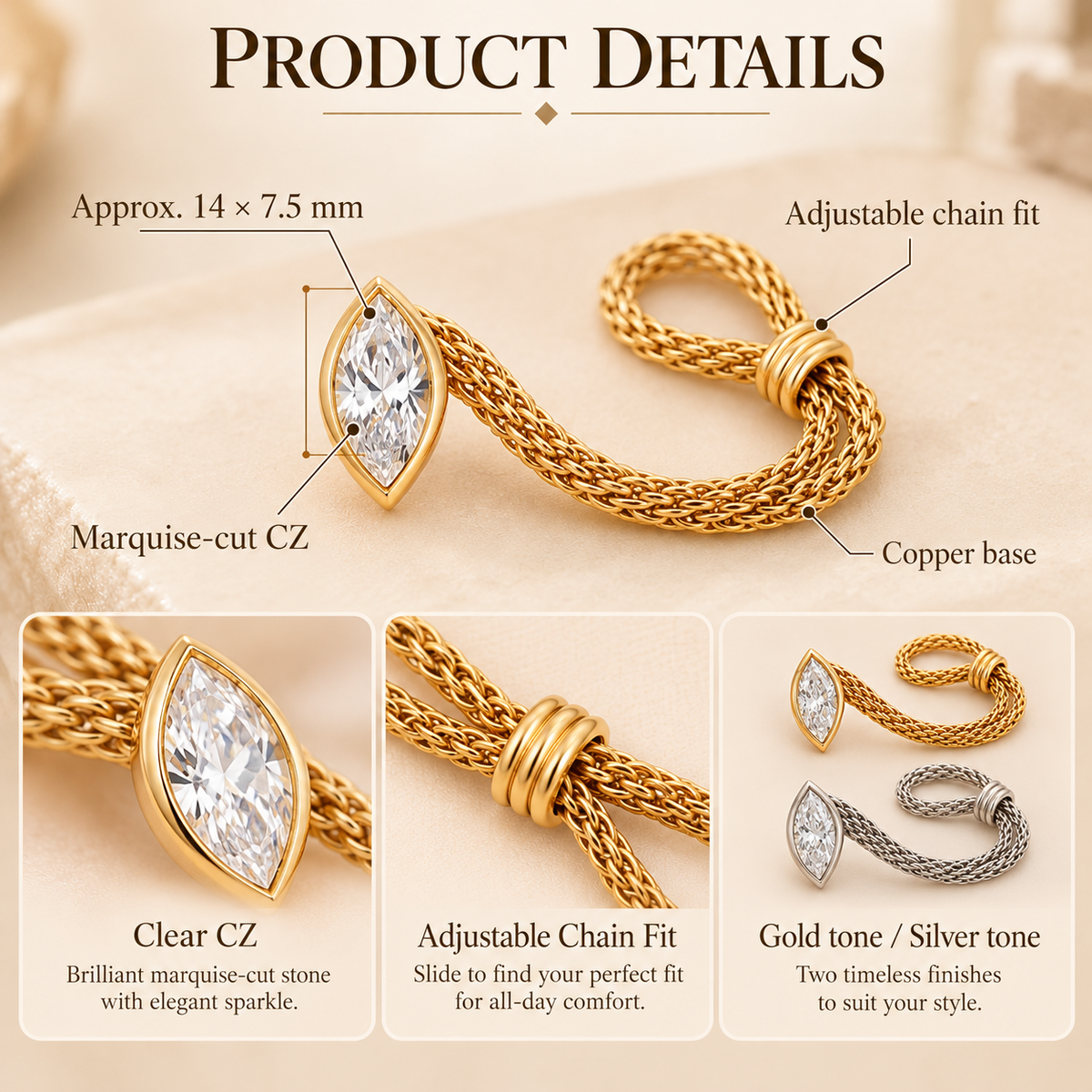 💍 Marquise CZ Chain Ring – 14K Gold-Plated Adjustable Evil Eye Ring, Dainty Stackable Jewelry for Women