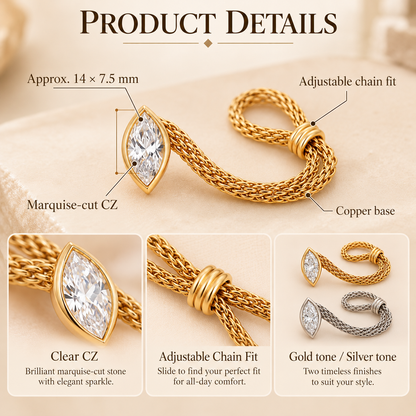 💍 Marquise CZ Chain Ring – 14K Gold-Plated Adjustable Evil Eye Ring, Dainty Stackable Jewelry for Women