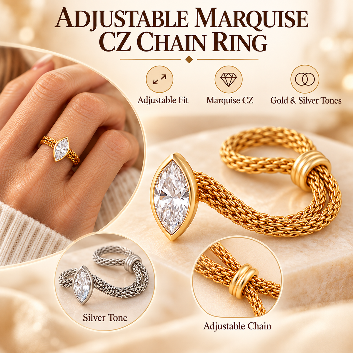 💍 Marquise CZ Chain Ring – 14K Gold-Plated Adjustable Evil Eye Ring, Dainty Stackable Jewelry for Women