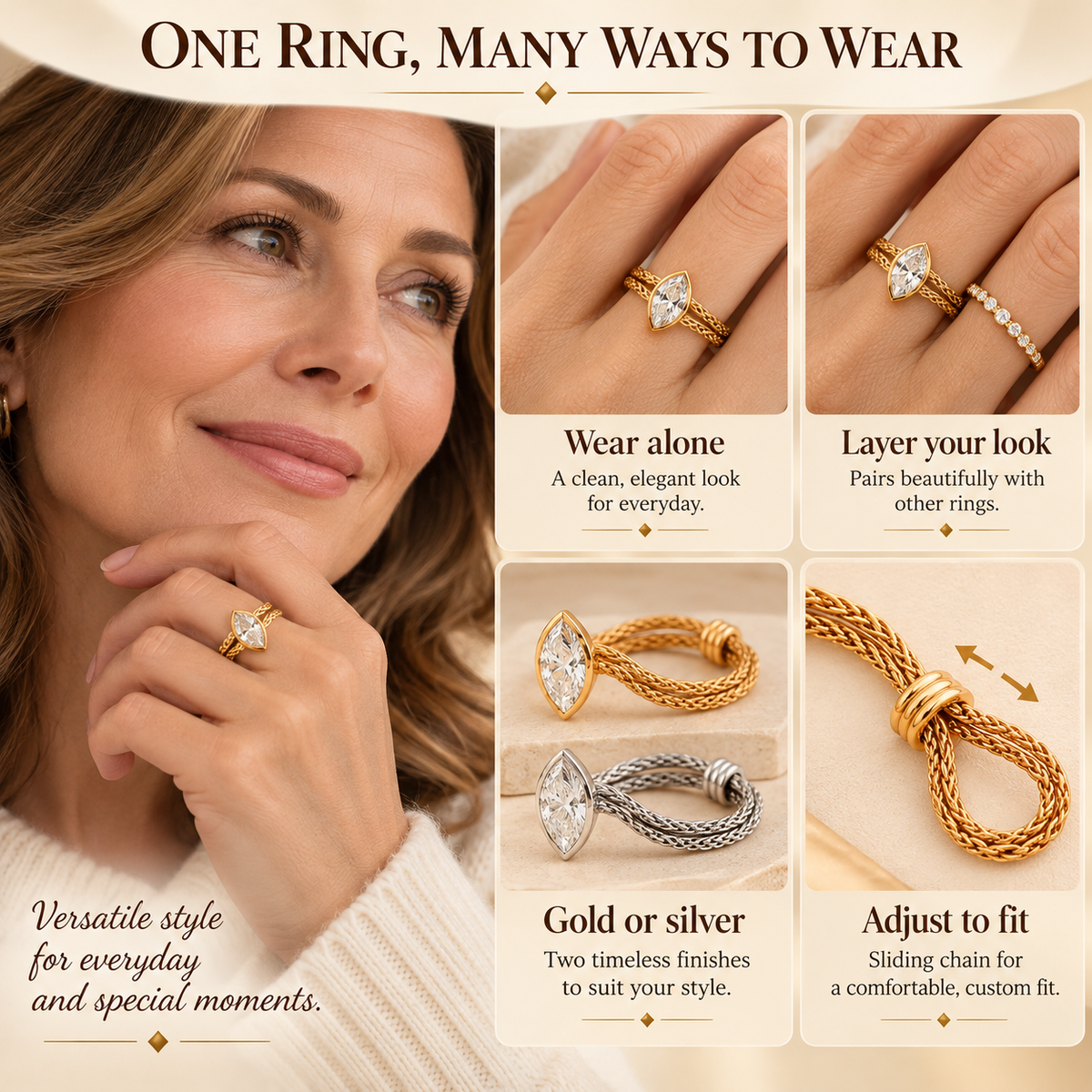 💍 Marquise CZ Chain Ring – 14K Gold-Plated Adjustable Evil Eye Ring, Dainty Stackable Jewelry for Women