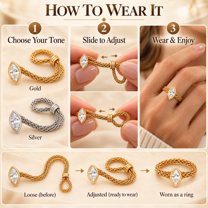 💍 Marquise CZ Chain Ring – 14K Gold-Plated Adjustable Evil Eye Ring, Dainty Stackable Jewelry for Women